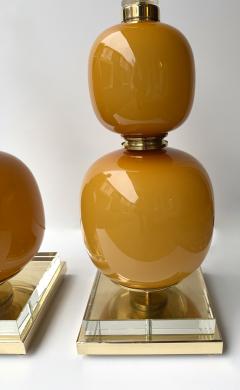 Contemporary Pair of Brass and Orange Murano Glass Bulbs Lamps Italy - 4400464