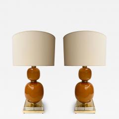 Contemporary Pair of Brass and Orange Murano Glass Bulbs Lamps Italy - 4401794
