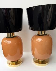 Contemporary Pair of Brass and Peach Murano Glass Black Shades Lamps Italy - 4402652
