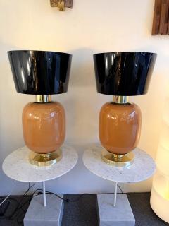 Contemporary Pair of Brass and Peach Murano Glass Black Shades Lamps Italy - 4402654