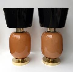 Contemporary Pair of Brass and Peach Murano Glass Black Shades Lamps Italy - 4402658