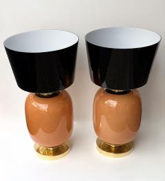 Contemporary Pair of Brass and Peach Murano Glass Black Shades Lamps Italy - 4402659
