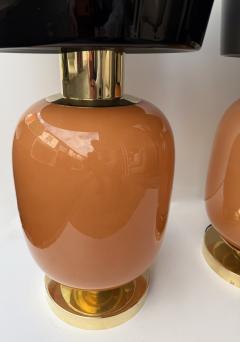 Contemporary Pair of Brass and Peach Murano Glass Black Shades Lamps Italy - 4402660
