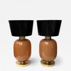 Contemporary Pair of Brass and Peach Murano Glass Black Shades Lamps Italy - 4402753
