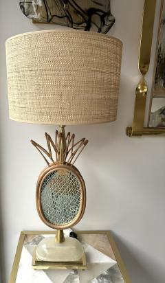 Contemporary Pair of Brass and Rattan Pineapple Mirror Lamps Italy - 2939422