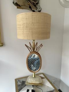 Contemporary Pair of Brass and Rattan Pineapple Mirror Lamps Italy - 2939427