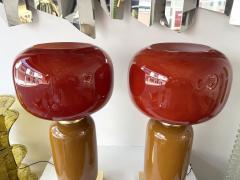 Contemporary Pair of Brass and Red Murano Glass Bulb Shade Lamps Italy - 4573289