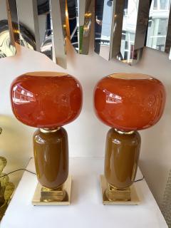 Contemporary Pair of Brass and Red Murano Glass Bulb Shade Lamps Italy - 4573292