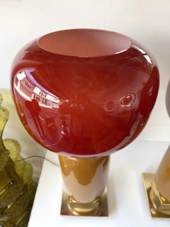 Contemporary Pair of Brass and Red Murano Glass Bulb Shade Lamps Italy - 4573296