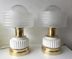 Contemporary Pair of Brass and White Murano Glass Wave Shades Lamps Italy - 4500751