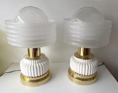 Contemporary Pair of Brass and White Murano Glass Wave Shades Lamps Italy - 4500756