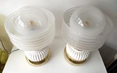 Contemporary Pair of Brass and White Murano Glass Wave Shades Lamps Italy - 4500757