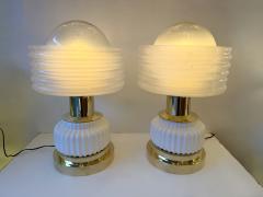 Contemporary Pair of Brass and White Murano Glass Wave Shades Lamps Italy - 4500759