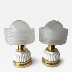 Contemporary Pair of Brass and White Murano Glass Wave Shades Lamps Italy - 4504349