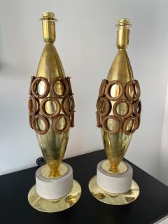 Contemporary Pair of Brass and Wood Rings Lamps Italy - 2721748