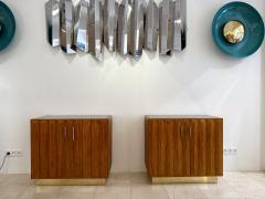 Contemporary Pair of Geometrical Wood Brass Mirror Buffets Cabinets Italy - 3092334