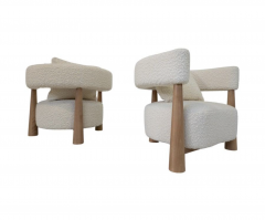 Contemporary Pair of Italian Armchairs Wood and White Boucle - 3398276