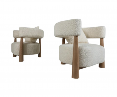 Contemporary Pair of Italian Armchairs Wood and White Boucle - 3398278