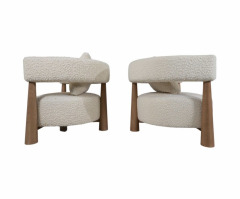 Contemporary Pair of Italian Armchairs Wood and White Boucle - 3398279