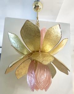Contemporary Pair of Italian Pink Gold Murano Glass Brass Flower Chandeliers - 3089286