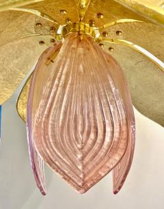 Contemporary Pair of Italian Pink Gold Murano Glass Brass Flower Chandeliers - 3089289