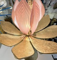 Contemporary Pair of Italian Pink Gold Murano Glass Brass Flower Chandeliers - 3089294