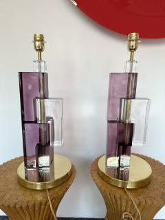 Contemporary Pair of Lamps Amethyst Cubic Murano Glass and Brass Italy - 2950520