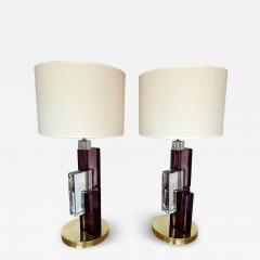 Contemporary Pair of Lamps Amethyst Cubic Murano Glass and Brass Italy - 2952446