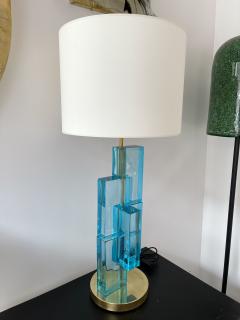 Contemporary Pair of Lamps Blue Lagoon Cubic Murano Glass and Brass Italy - 2556670