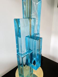 Contemporary Pair of Lamps Blue Lagoon Cubic Murano Glass and Brass Italy - 2556673