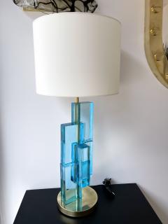 Contemporary Pair of Lamps Blue Lagoon Cubic Murano Glass and Brass Italy - 2556676