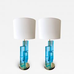 Contemporary Pair of Lamps Blue Lagoon Cubic Murano Glass and Brass Italy - 2559765
