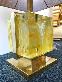 Contemporary Pair of Lamps Brass Cage Murano Glass Cube Italy - 543332