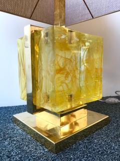 Contemporary Pair of Lamps Brass Cage Murano Glass Cube Italy - 543334