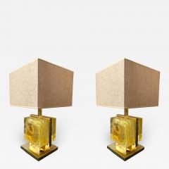 Contemporary Pair of Lamps Brass Cage Murano Glass Cube Italy - 545147