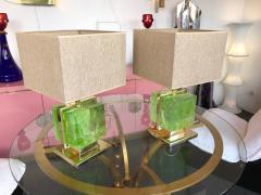 Contemporary Pair of Lamps Brass Cage Murano Glass Cube Italy - 543346