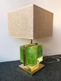 Contemporary Pair of Lamps Brass Cage Murano Glass Cube Italy - 543347
