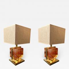 Contemporary Pair of Lamps Brass Cage Murano Glass Cube Italy - 545152