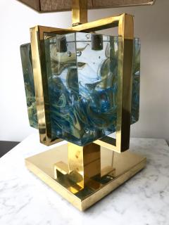 Contemporary Pair of Lamps Brass Cage Murano Glass Cube Italy - 825638