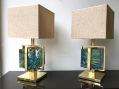 Contemporary Pair of Lamps Brass Cage Murano Glass Cube Italy - 825639