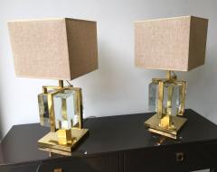 Contemporary Pair of Lamps Brass Cage Murano Glass Cube Italy - 825646