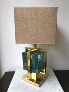 Contemporary Pair of Lamps Brass Cage Murano Glass Cube Italy - 825648