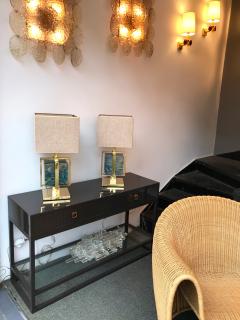 Contemporary Pair of Lamps Brass Cage Murano Glass Cube Italy - 825649