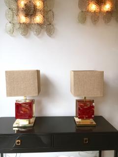 Contemporary Pair of Lamps Brass Cage Murano Glass Cube Italy - 880532