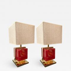 Contemporary Pair of Lamps Brass Cage Murano Glass Cube Italy - 881458