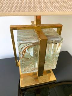 Contemporary Pair of Lamps Brass Cage Murano Glass Cube Italy - 1073210