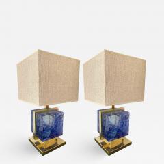 Contemporary Pair of Lamps Brass Cage Murano Glass Cube Italy - 1074421