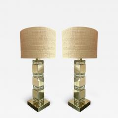 Contemporary Pair of Lamps Brass Column Cube Murano Glass Italy - 2921096