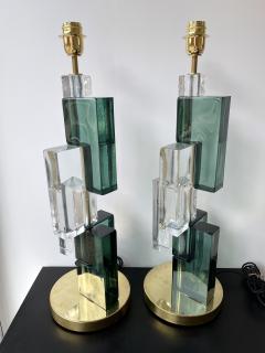 Contemporary Pair of Lamps Green Cubic Murano Glass and Brass Italy - 2556786