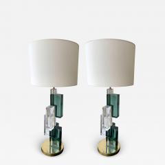 Contemporary Pair of Lamps Green Cubic Murano Glass and Brass Italy - 2559766